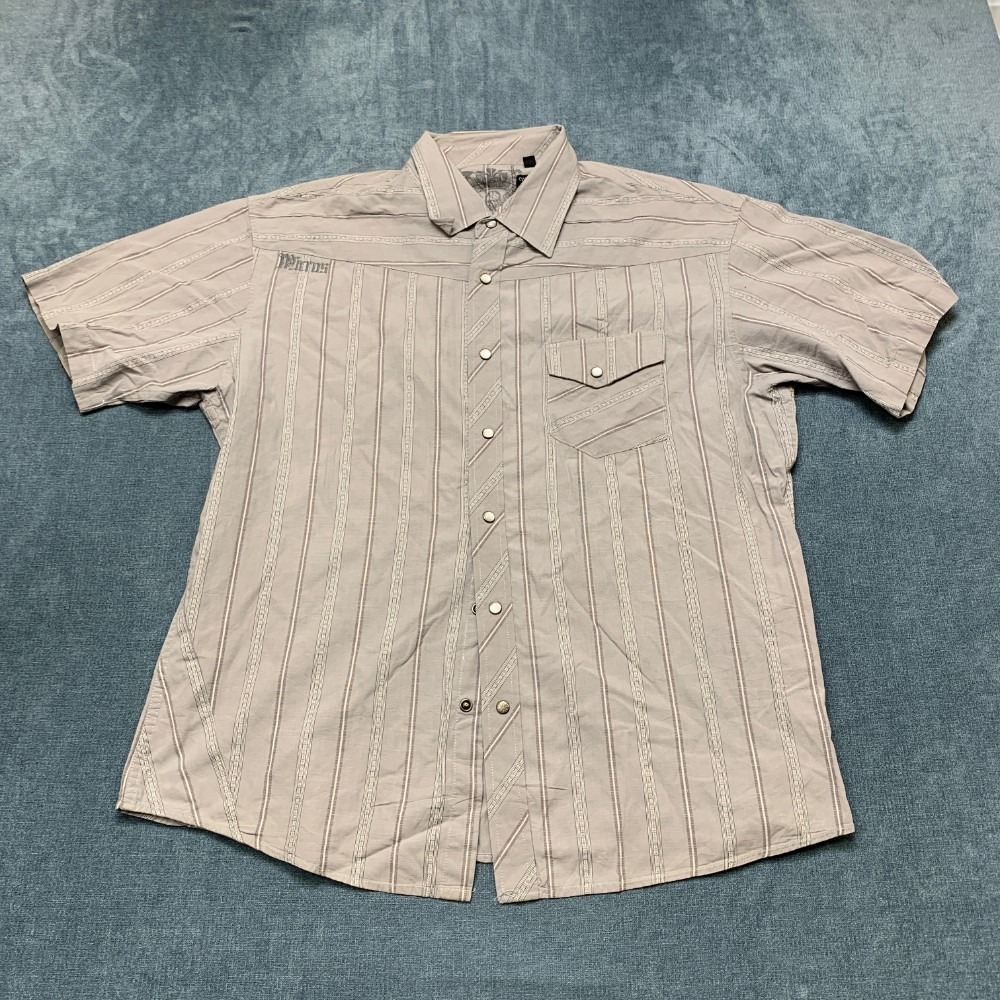 Micros Clothing Western Shirt Mens Large Gray Striped Cotton Chest Pocket Snap